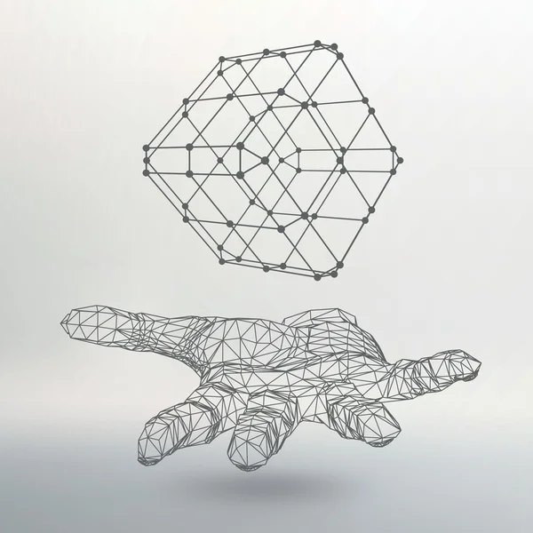 Cube of lines and dots on the arm. The hand holding cube of the lines connected to points. Molecular lattice. The structural grid of polygons. White background. The facility is located on a white — Stockový vektor