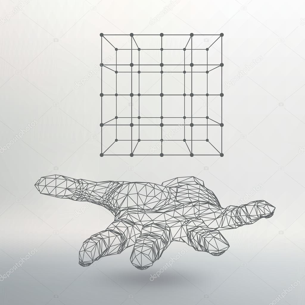 Cube of lines and dots on the arm. The hand holding cube of the lines connected to points. Molecular lattice. The structural grid of polygons. White background. The facility is located on a white
