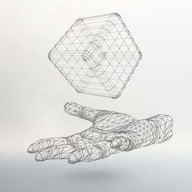 Cube of lines and dots on the arm. The hand holding a cube of the lines connected to points. The shadow of The objects in the background.