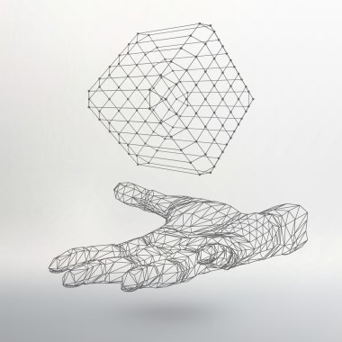 Cube of lines and dots on the arm. The hand holding cube of the lines connected to points. Molecular lattice. The structural grid of polygons. White background. The facility is located on a white