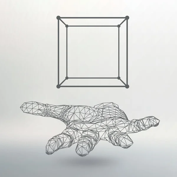 Cube of lines and dots on the arm. The hand holding a cube of the lines connected to points. The shadow of The objects in the background. — 스톡 벡터