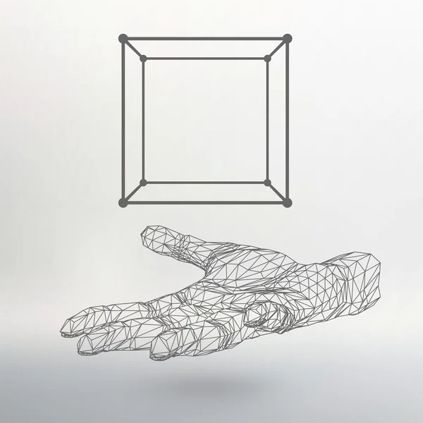 Cube of lines and dots on the arm. The hand holding a cube of the lines connected to points. The shadow of The objects in the background. — 스톡 벡터