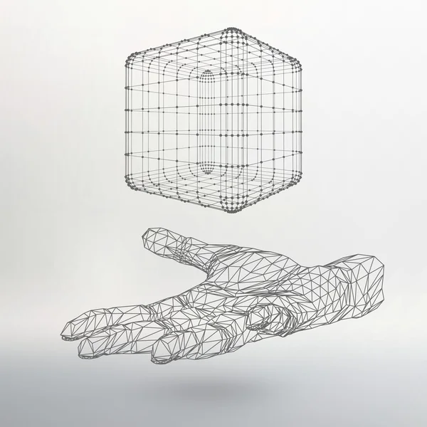 Cube of lines and dots on the arm. The hand holding a cube of the lines connected to points. The shadow of The objects in the background. — 图库矢量图片