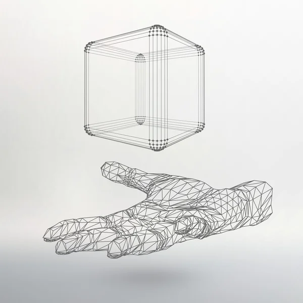 Cube of lines and dots on the arm. The hand holding a cube of the lines connected to points. The shadow of The objects in the background. — Stockvector