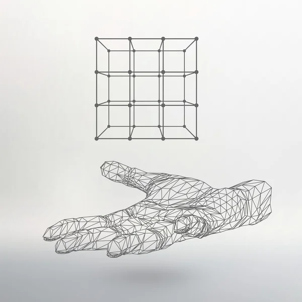 Cube of lines and dots on the arm. The hand holding a cube of the lines connected to points. The shadow of The objects in the background. — Stock vektor