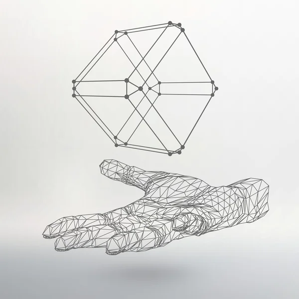 Cube of lines and dots on the arm. The hand holding a cube of the lines connected to points. The shadow of The objects in the background. — Stok Vektör