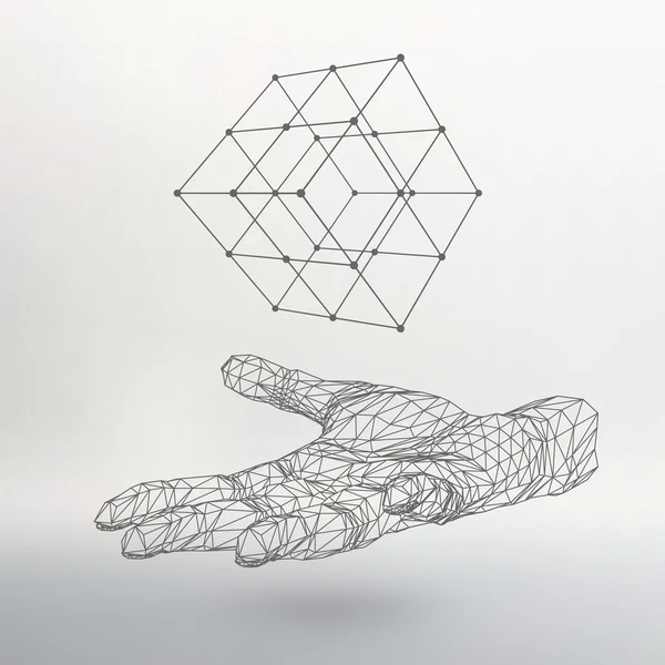 Cube of lines and dots on the arm. The hand holding cube of the lines connected to points. Molecular lattice. The structural grid of polygons. White background. The facility is located on a white — 스톡 벡터