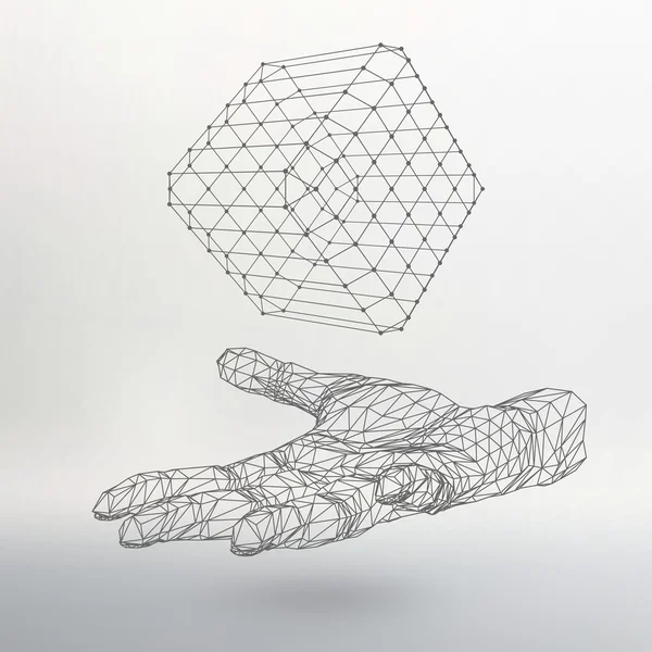 Cube of lines and dots on the arm. The hand holding cube of the lines connected to points. Molecular lattice. The structural grid of polygons. White background. The facility is located on a white