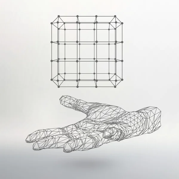 Cube of lines and dots on the arm. The hand holding cube of the lines connected to points. Molecular lattice. The structural grid of polygons. White background. The facility is located on a white — Stock vektor