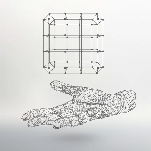 Cube of lines and dots on the arm. The hand holding cube of the lines connected to points. Molecular lattice. The structural grid of polygons. White background. The facility is located on a white — 스톡 벡터