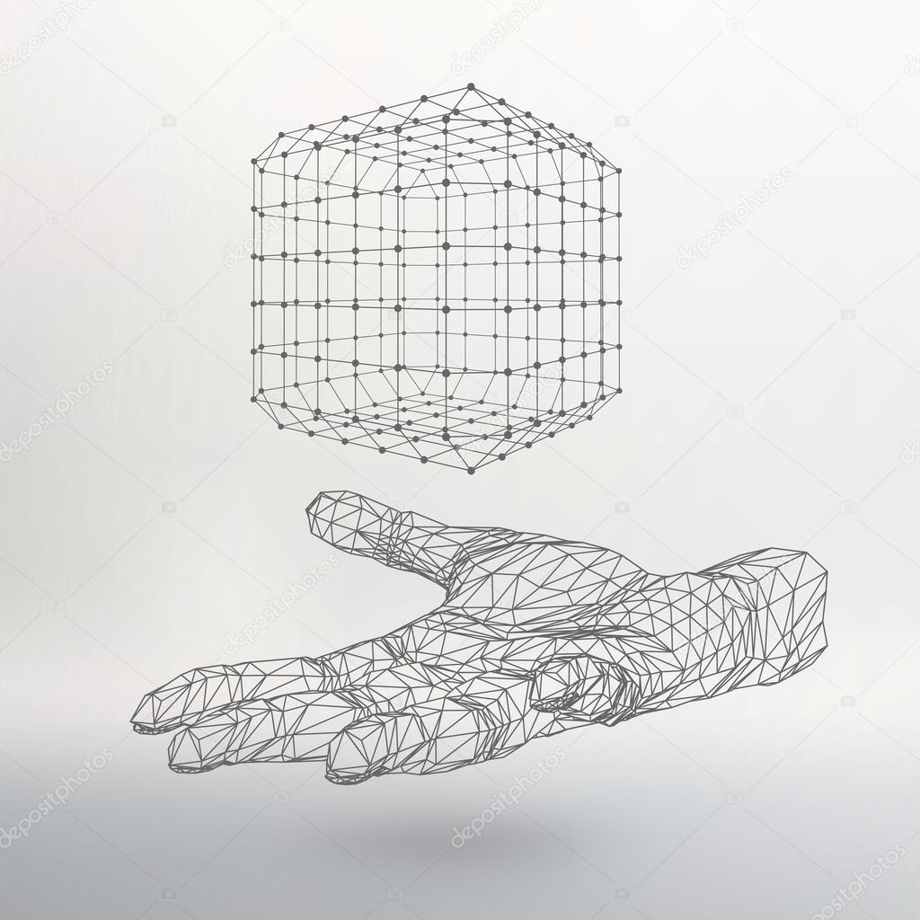 Cube of lines and dots on the arm. The hand holding a cube of the lines connected to points. The shadow of The objects in the background.