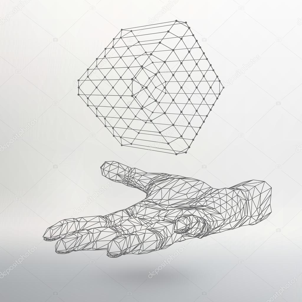 Cube of lines and dots on the arm. The hand holding cube of the lines connected to points. Molecular lattice. The structural grid of polygons. White background. The facility is located on a white