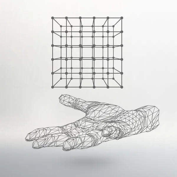 Cube of lines and dots on the arm. The hand holding cube of the lines connected to points. Molecular lattice. The structural grid of polygons. White background. The facility is located on a white — Stockvector