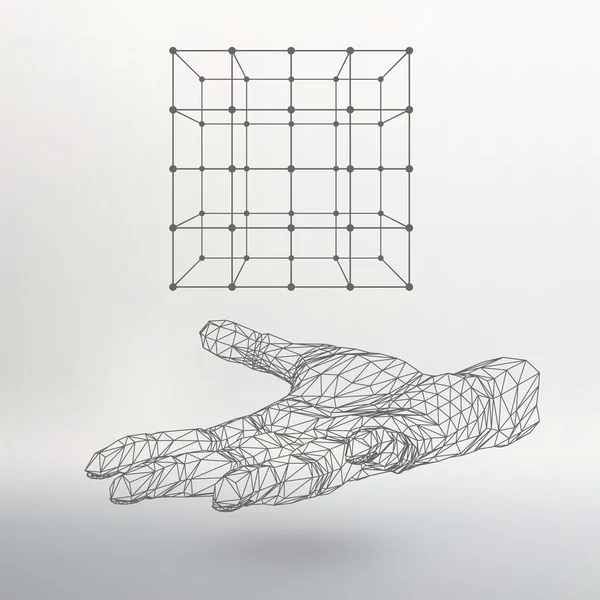 Cube of lines and dots on the arm. The hand holding cube of the lines connected to points. Molecular lattice. The structural grid of polygons. White background. The facility is located on a white — Stockvector