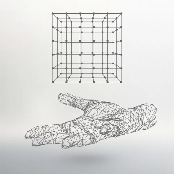 Cube of lines and dots on the arm. The hand holding cube of the lines connected to points. Molecular lattice. The structural grid of polygons. White background. The facility is located on a white — Stockvector