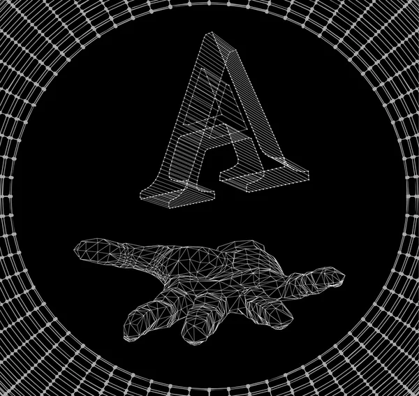 The letter A, of lines and dots on the arm. The hand holding letter of the lines connected to points. Molecular lattice. The structural grid of polygons. — Wektor stockowy