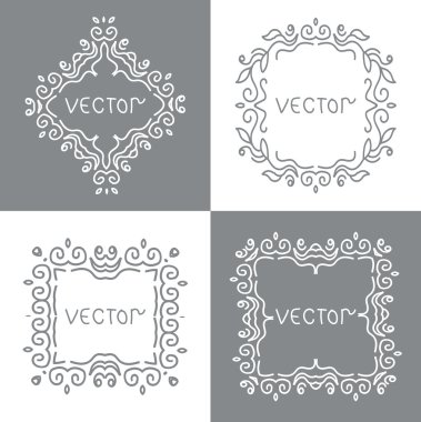 Çiçek anahat çerçeveleri ve borders. Monogram mono çizgi stili. Vektör tasarım öğesi.