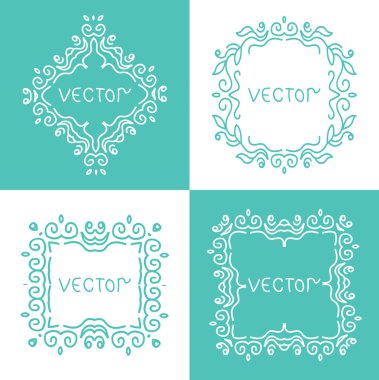 Çiçek anahat çerçeveleri ve borders. Monogram mono çizgi stili. Vektör tasarım öğesi.