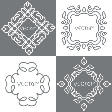 Çiçek anahat çerçeveleri ve borders. Vektör mono çizgi grafik tasarım şablonları.