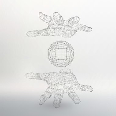 Ball on the arm. The hand holding a sphere. Polygon ball. Polygonal hand. The shadow of the objects in the background.