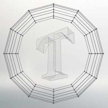 Vector illustration of letter T. Fonts of Mesh polygonal. Wire frame contour alphabets. Abstract creative concept vector logo.