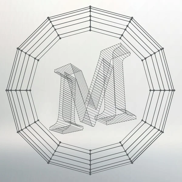 Vector illustration of letter M. Fonts of Mesh polygonal. Wire frame contour alphabets. Abstract creative concept vector logo. — Stock vektor