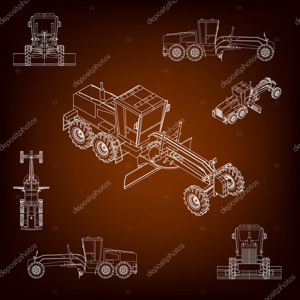 Grader, road scraper. Construction machinery. Parallel projection. Perspective view of the vehicle. Set of a plurality of images. Contour lines. Silhouettes of construction machinery