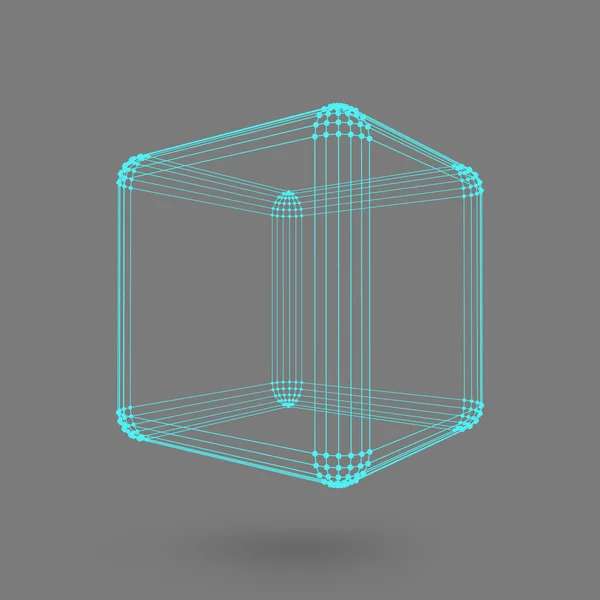 Cube of lines and dots. Cube of the lines connected to points. Molecular lattice. The structural grid of polygons. Black background. The facility is located on a black studio background. — Wektor stockowy