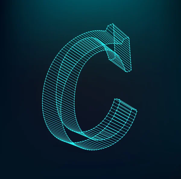 The letter C. Polygonal letter. Low poly model. The three-dimensional mesh. Volume mesh character. — Stockový vektor