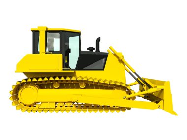 Three-dimensional raster illustration of a bulldozer. Yellow bulldozer. Construction machinery.