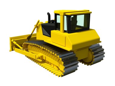 Three-dimensional raster illustration of a bulldozer. Yellow bulldozer. Construction machinery.