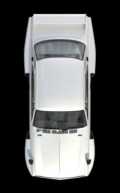 White sports coupe. White race car. Retro race. Japanese School tuning. Uniform black background. Three-dimensional model. Raster illustration.