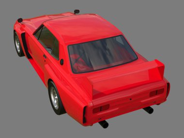 Red sports coupe. Red race car. Retro race. Japanese School tuning. Uniform gray background. Three-dimensional model. Raster illustration.