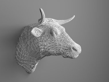 Artificial bulls head hanging on the wall. Polygonal head of a bull. Cows from the three-dimensional grid. The object of art on the wall. Volume model. Meshwork.