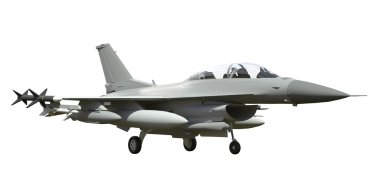 The three-dimensional model of a military aircraft of the NATO countries. Aircraft with full ammunition. The armament of the aircraft. Raster illustration of the aircraft. A uniform background.