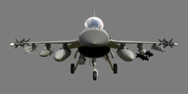 The three-dimensional model of a military aircraft of the NATO countries. Aircraft with full ammunition. The armament of the aircraft. Raster illustration of the aircraft. A uniform background.