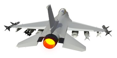 The three-dimensional model of a military aircraft of the NATO countries. Aircraft with full ammunition. The armament of the aircraft. Raster illustration of the aircraft. A uniform background.