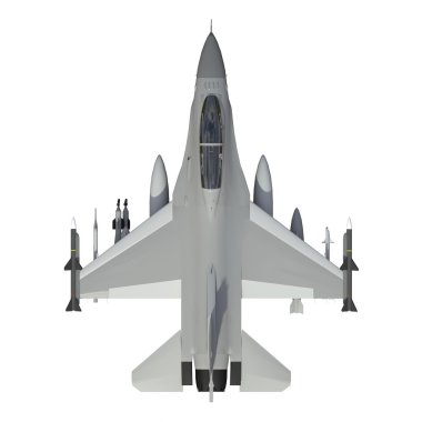 The three-dimensional model of a military aircraft of the NATO countries. Aircraft with full ammunition. The armament of the aircraft. Raster illustration of the aircraft. A uniform background.