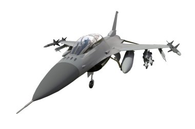 The three-dimensional model of a military aircraft of the NATO countries. Aircraft with full ammunition. The armament of the aircraft. Raster illustration of the aircraft. A uniform background.