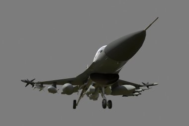 The three-dimensional model of a military aircraft of the NATO countries. Aircraft with full ammunition. The armament of the aircraft. Raster illustration of the aircraft. A uniform background.
