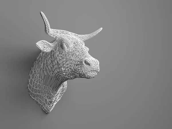 Artificial bulls head hanging on the wall. Polygonal head of a bull. Cows from the three-dimensional grid. The object of art on the wall. Volume model. Meshwork. — Stock Photo, Image