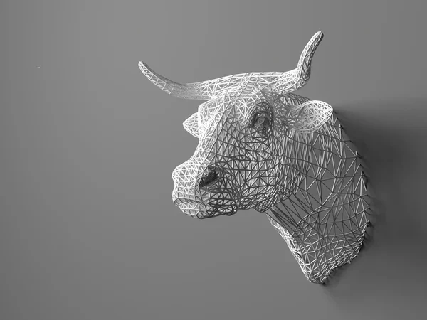 Cabeza de toro artificial colgando en la pared. Cabeza poligonal de toro. Vacas de la rejilla tridimensional. El objeto de arte en la pared. Modelo de volumen. Trabajos en red . —  Fotos de Stock
