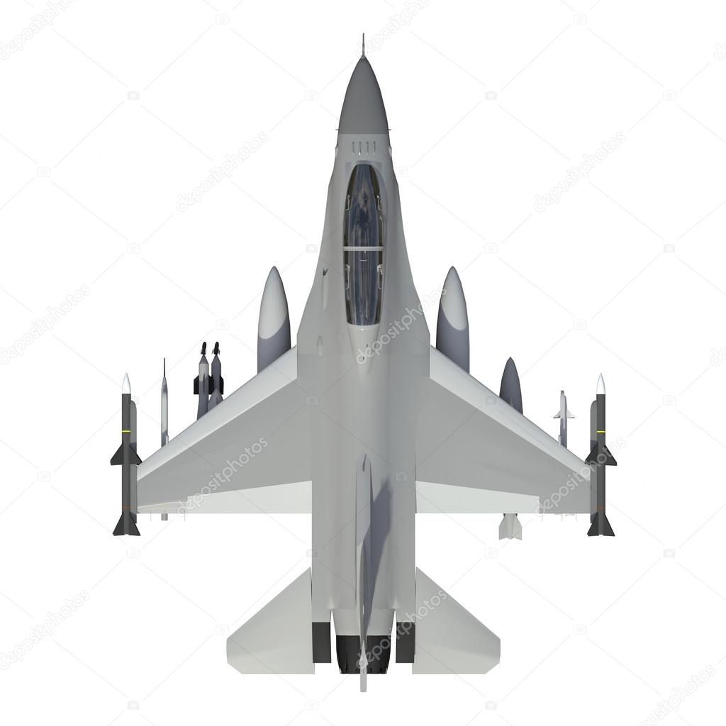 The three-dimensional model of a military aircraft of the NATO countries. Aircraft with full ammunition. The armament of the aircraft. Raster illustration of the aircraft. A uniform background.
