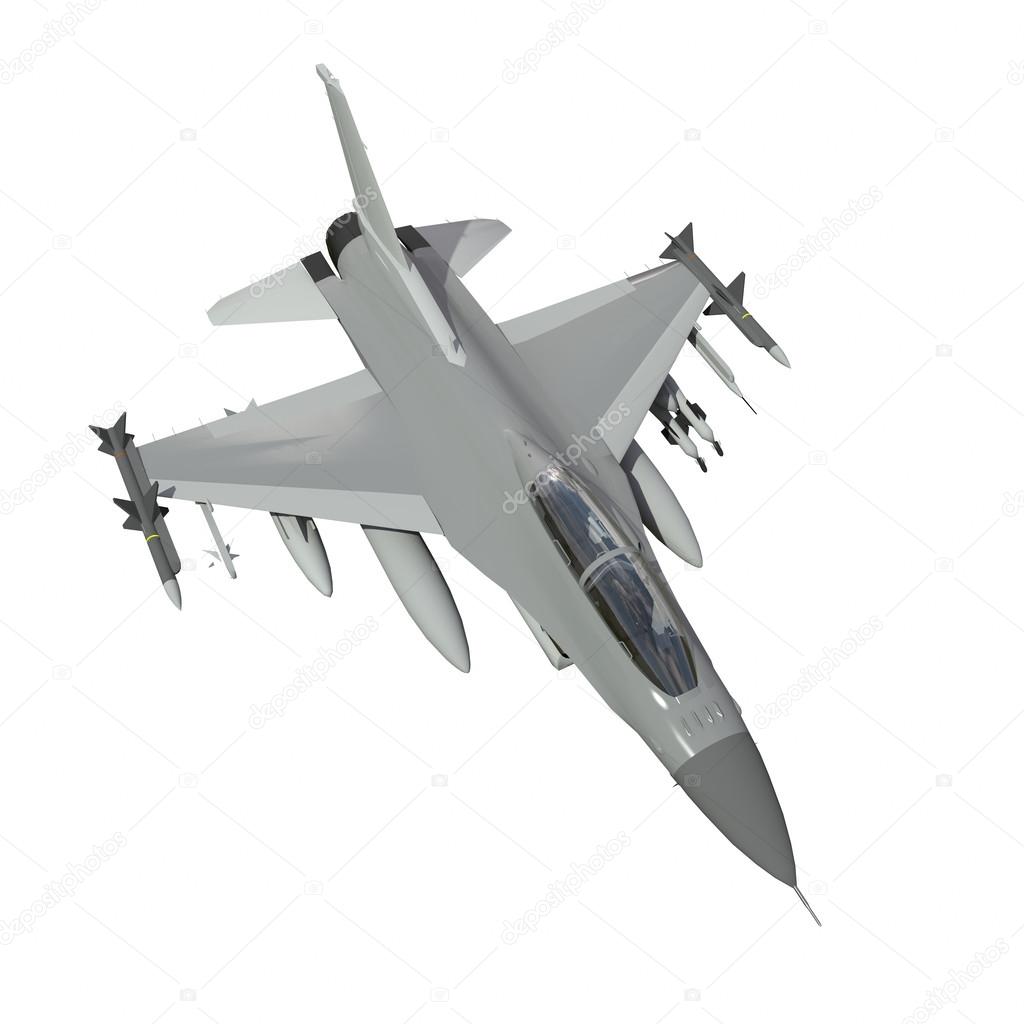 The three-dimensional model of a military aircraft of the NATO countries. Aircraft with full ammunition. The armament of the aircraft. Raster illustration of the aircraft. A uniform background.