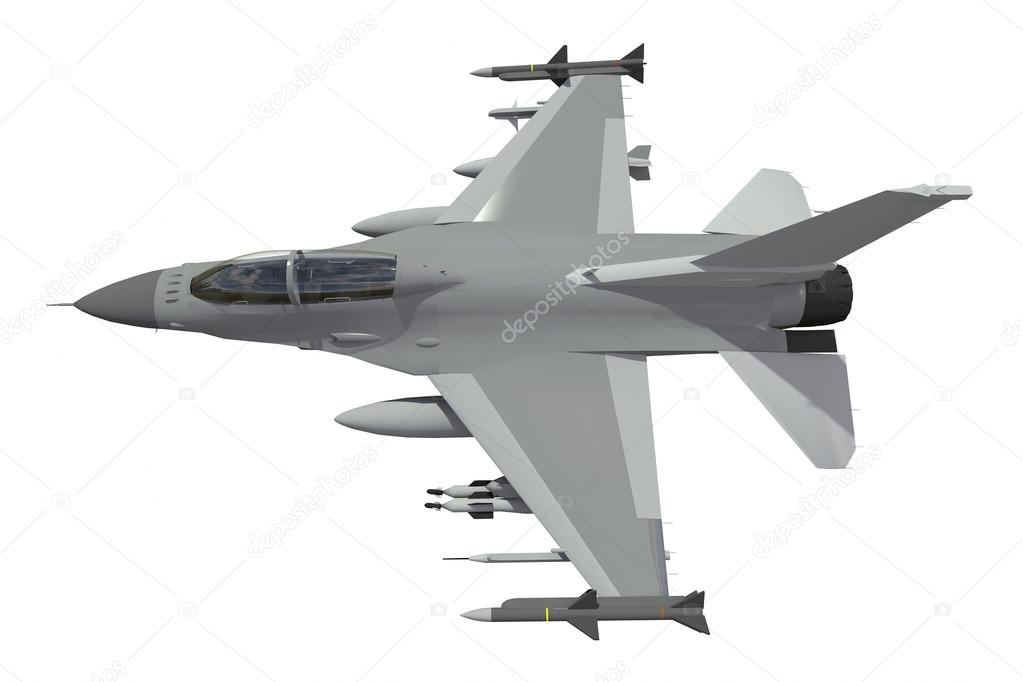 The three-dimensional model of a military aircraft of the NATO countries. Aircraft with full ammunition. The armament of the aircraft. Raster illustration of the aircraft. A uniform background.