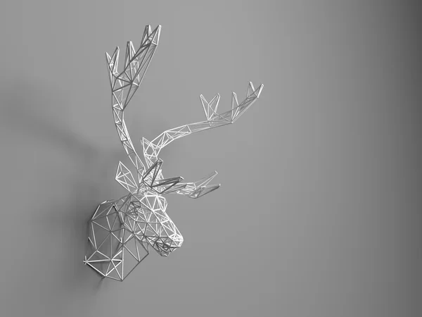 Artificial deer head hanging on the wall. Polygonal head of a deer. Deer from the three-dimensional grid. The object of art on the wall. Volume model. Meshwork. — Stock fotografie