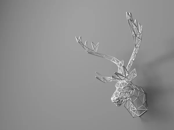 Cabeza de ciervo artificial colgando en la pared. Cabeza poligonal de un ciervo. Ciervo de la rejilla tridimensional. El objeto de arte en la pared. Modelo de volumen. Trabajos en red . —  Fotos de Stock