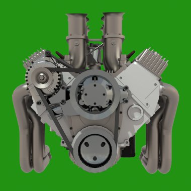 Car engine. Concept of modern car engine isolated on green background.