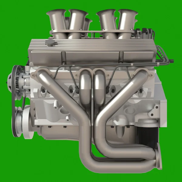 Car engine. Concept of modern car engine isolated on green background. — Stockfoto