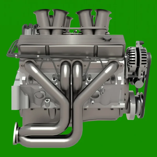 Car engine. Concept of modern car engine isolated on green background. — Stockfoto